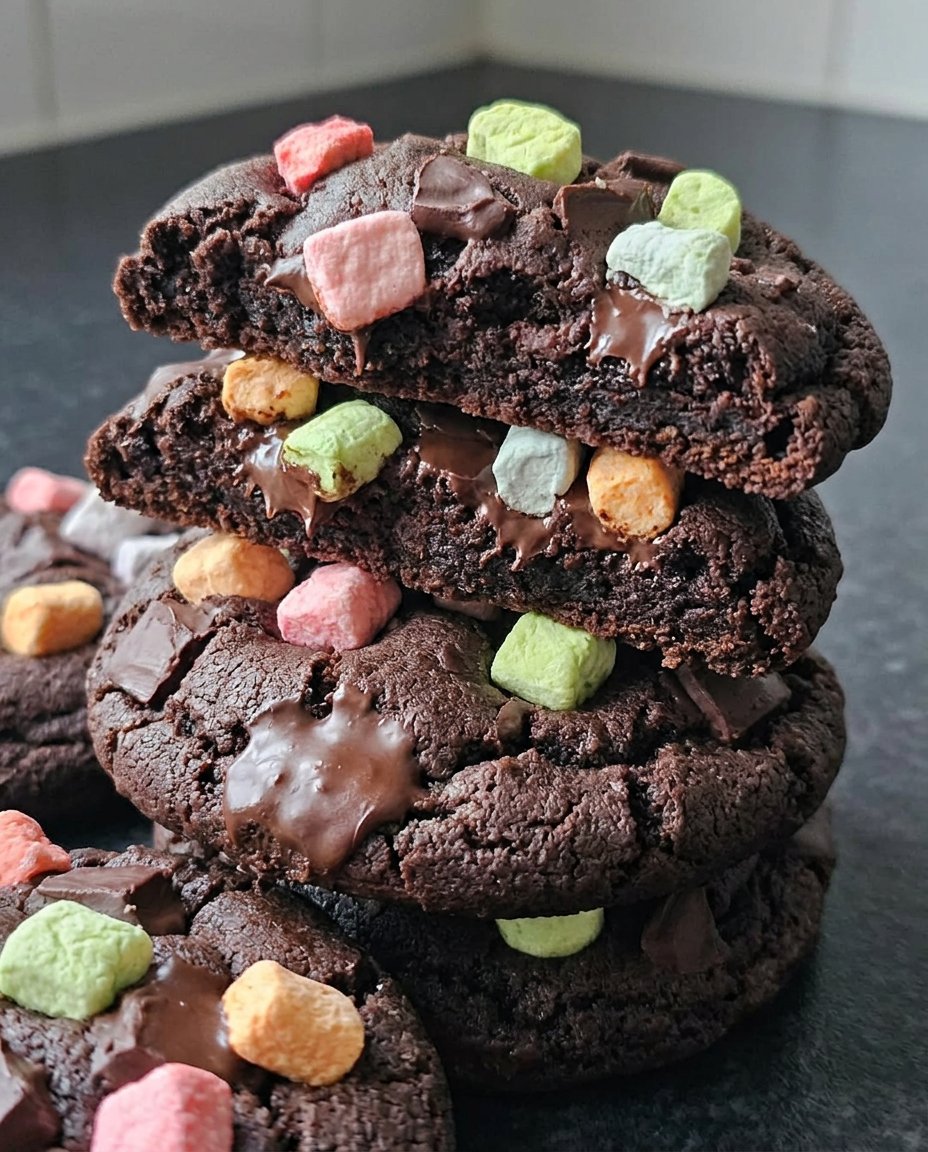 Dark chocolate cookies topped with crushed peppermint on a cooling rack.