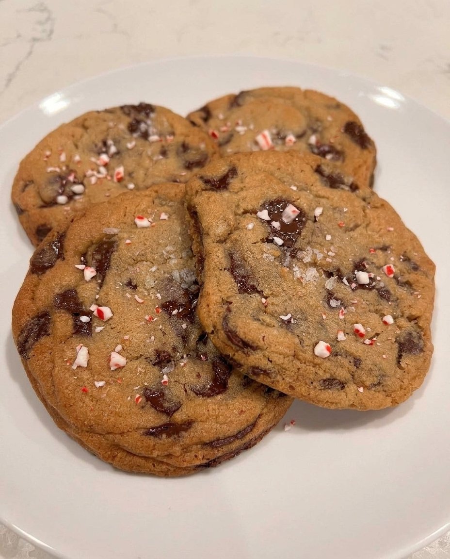 Close up of a peppermint chocolate chip cookie showing golden edges and gooey chocolate