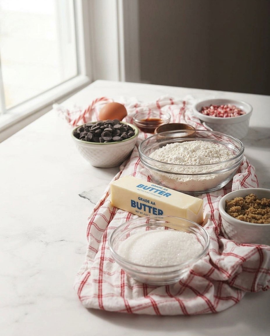 Ingredients for peppermint chocolate chip cookies arranged precisely on a counter