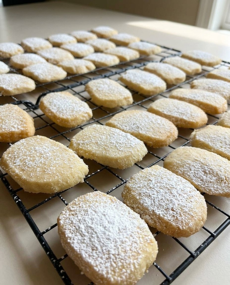 Buttery shortbread wedges stacked neatly on a plate.