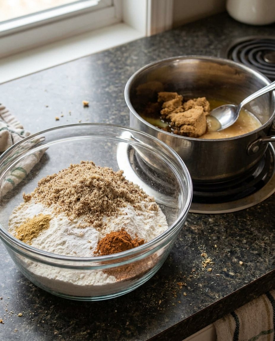 Bowls of molasses, honey, and various ground spices for pfeffernusse dough