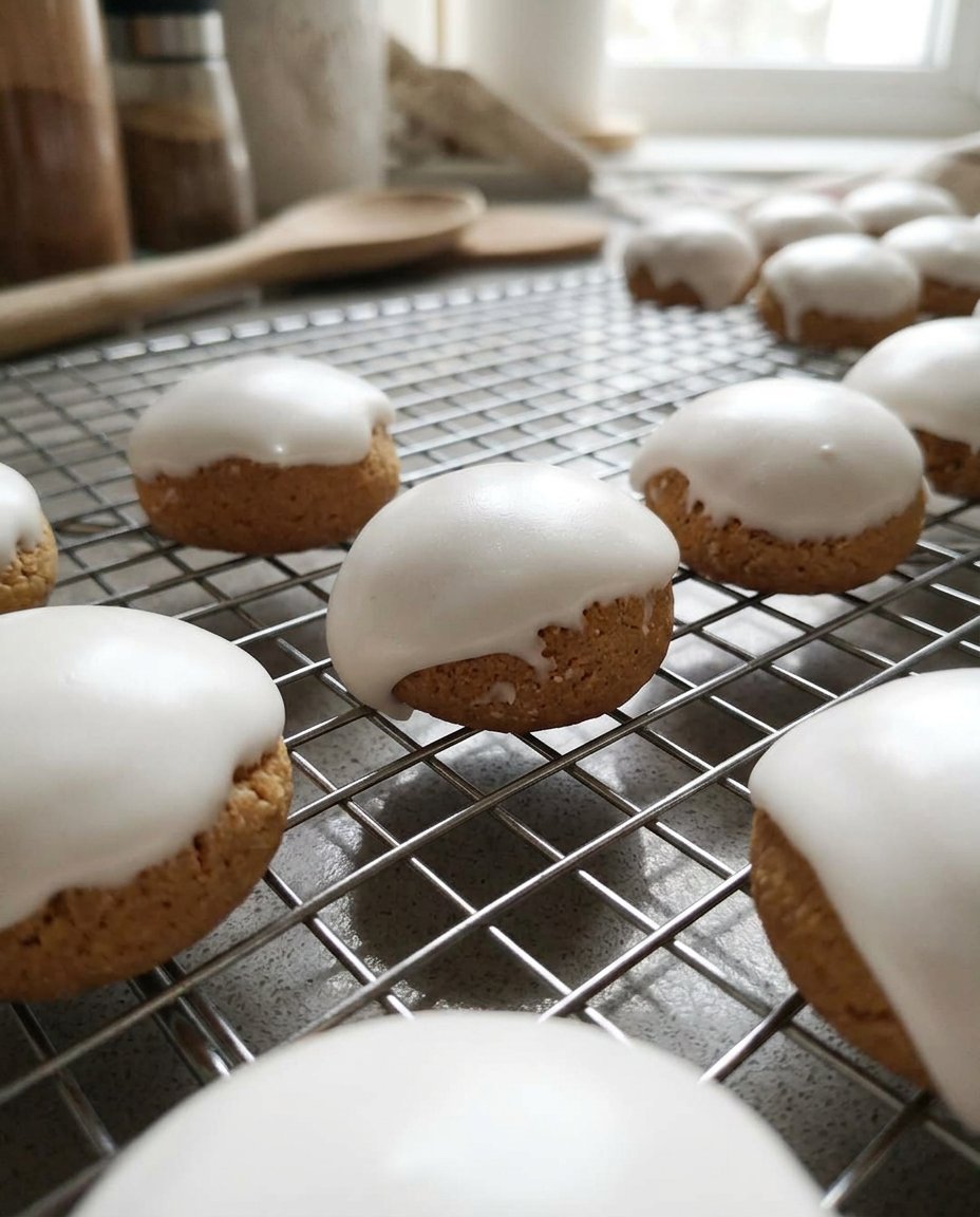A tray of freshly glazed pfeffernusse spice cookies resting on a wire rack