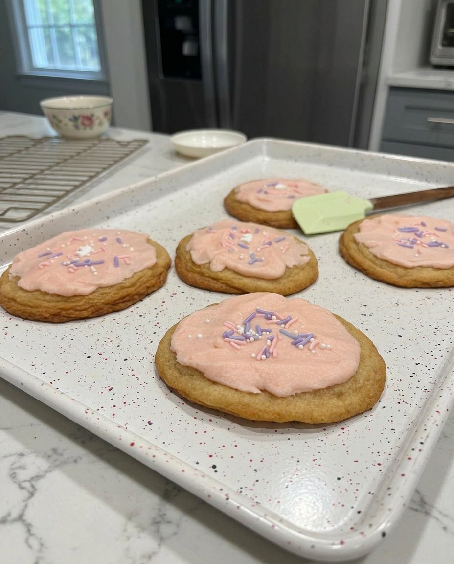 Stacked chilled sugar cookies with pink frosting on a white plate