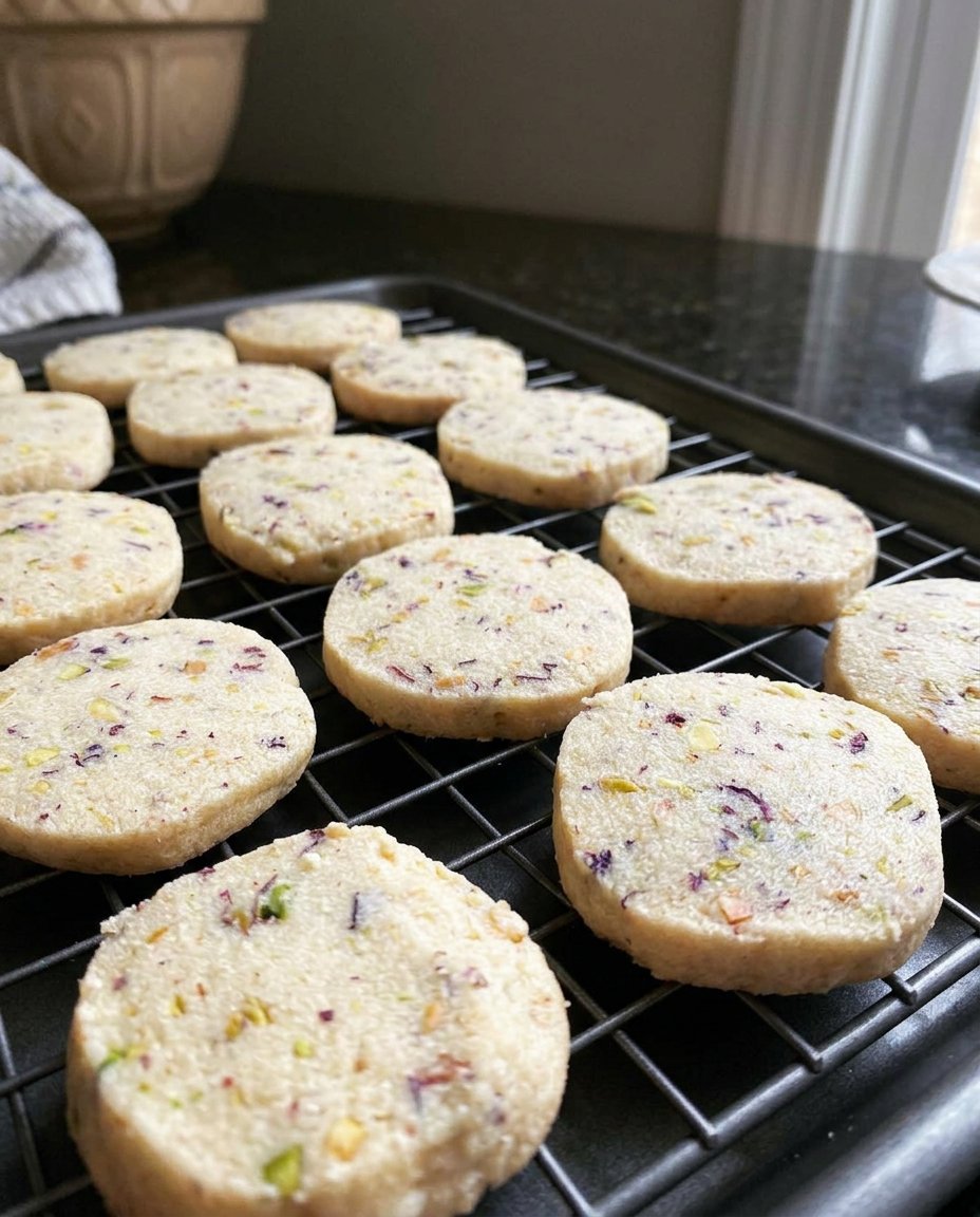 A stack of golden Pistachio Shortbread cookies with green nut flecks