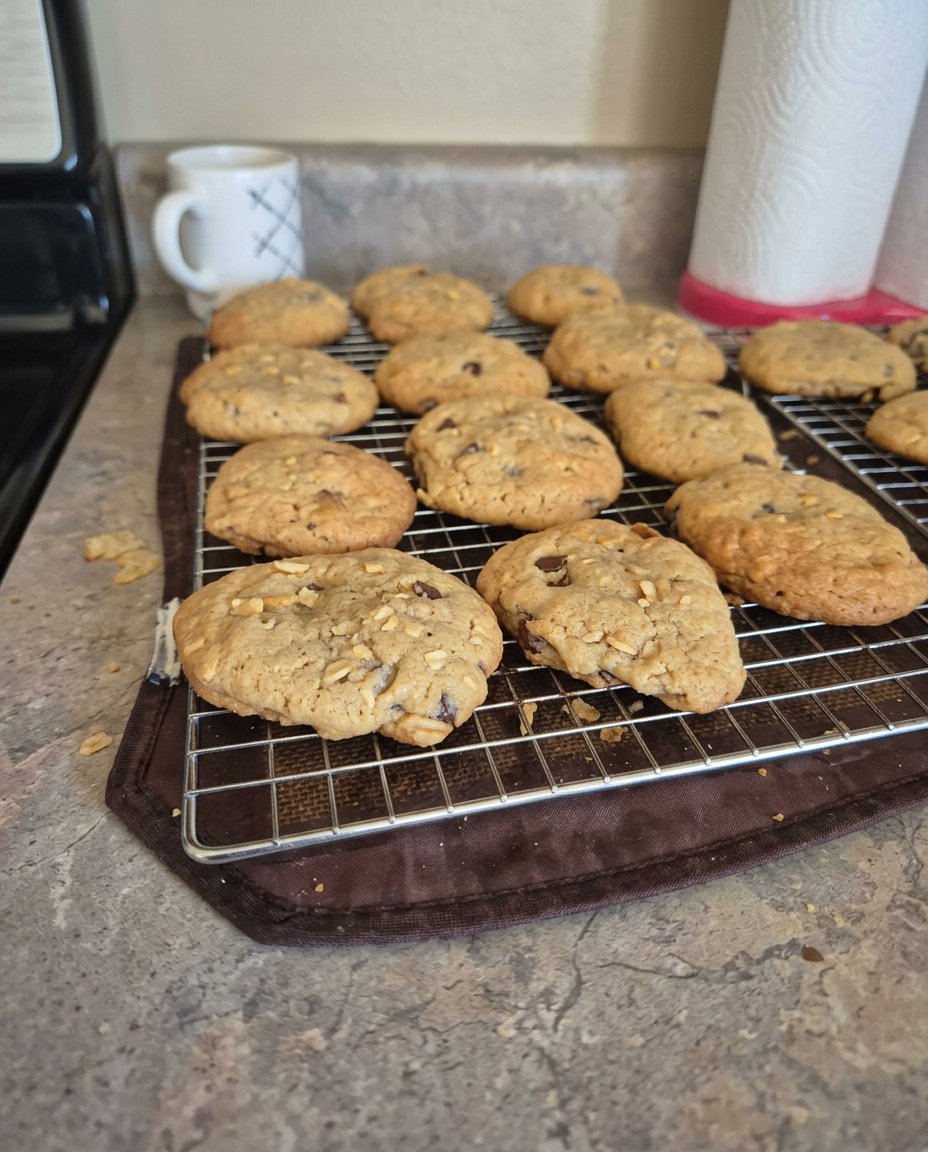 A stack of golden brown potato chip chocolate chip cookies on a wooden table.