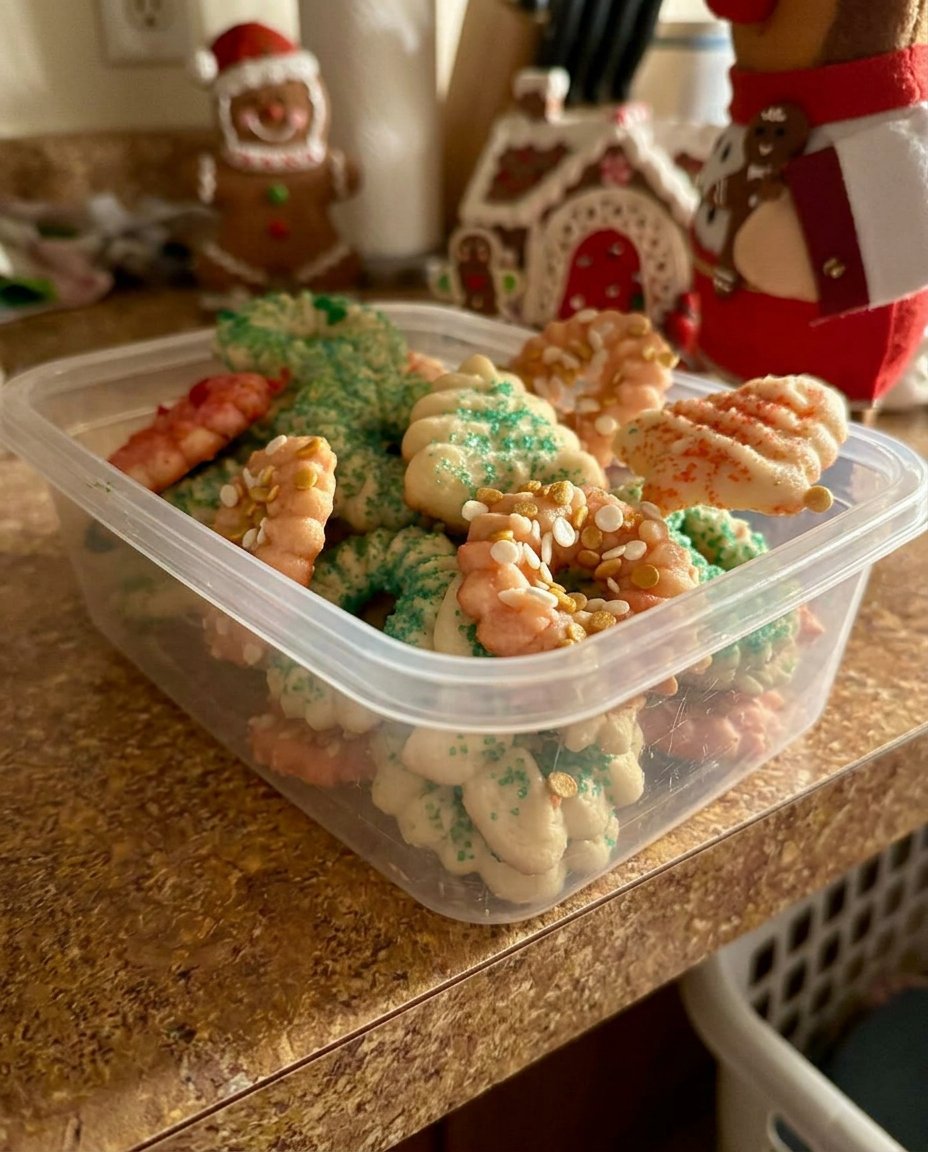 A hand using a cookie press to form vanilla spritz cookies on a cold baking sheet