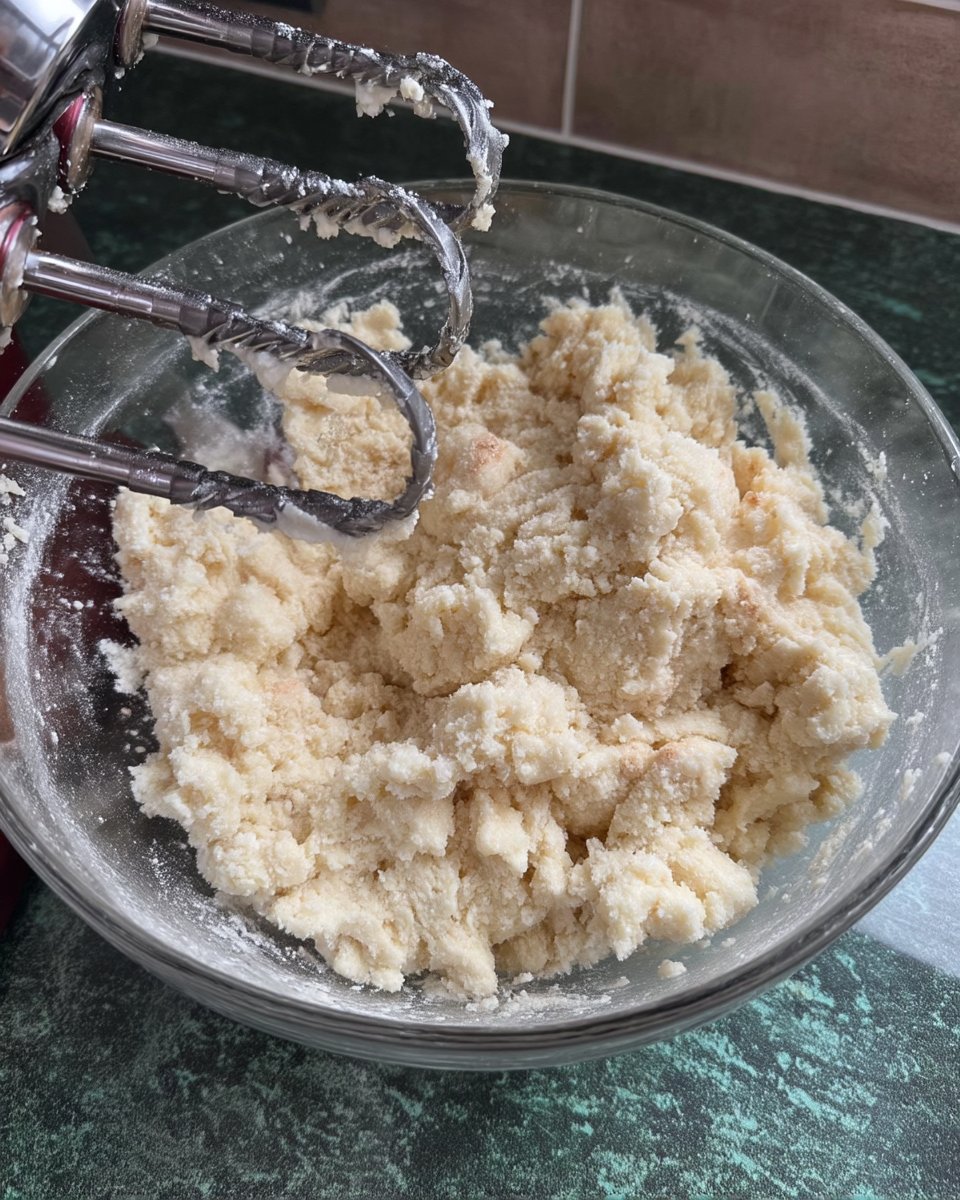 A hand using a spoon to press a well into a sugar-coated cookie ball