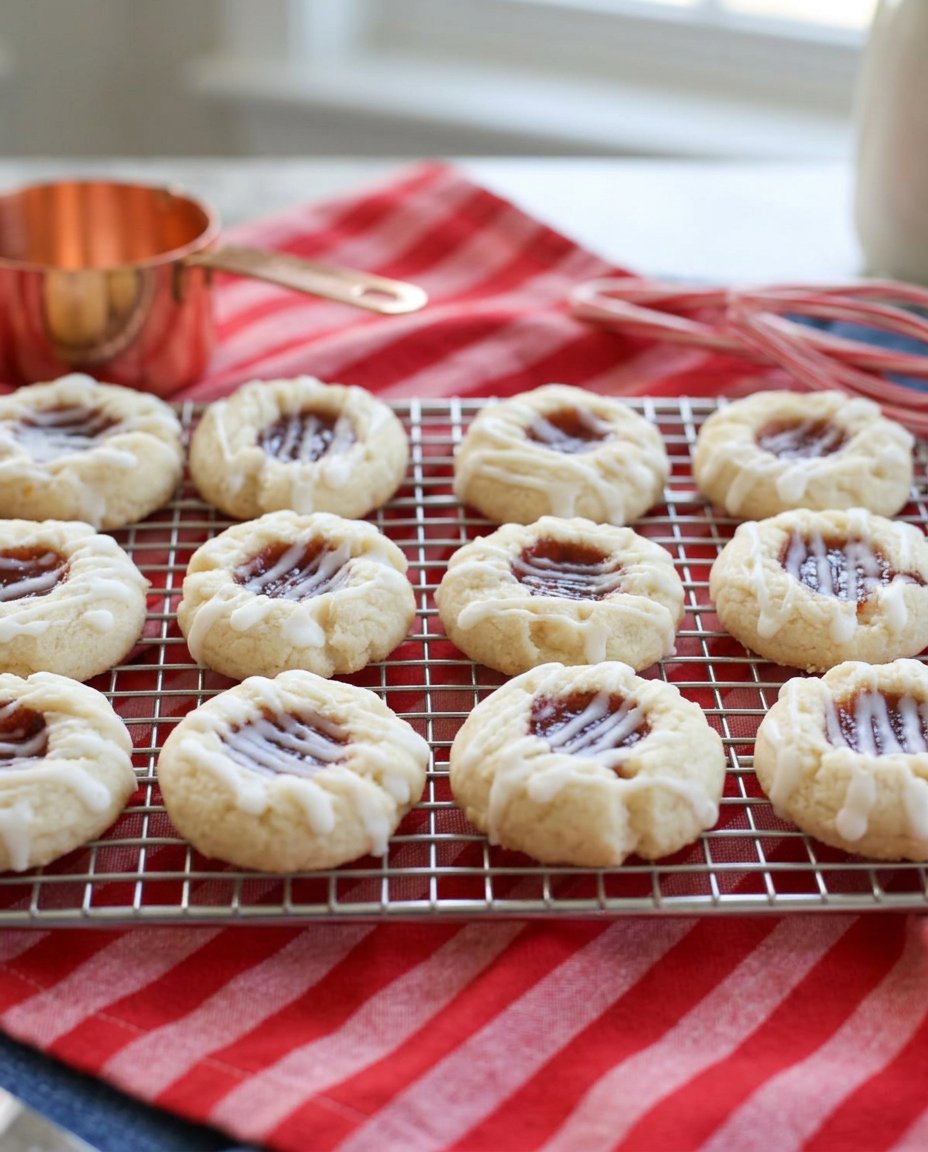 A platter of buttery raspberry thumbprint cookies with almond glaze