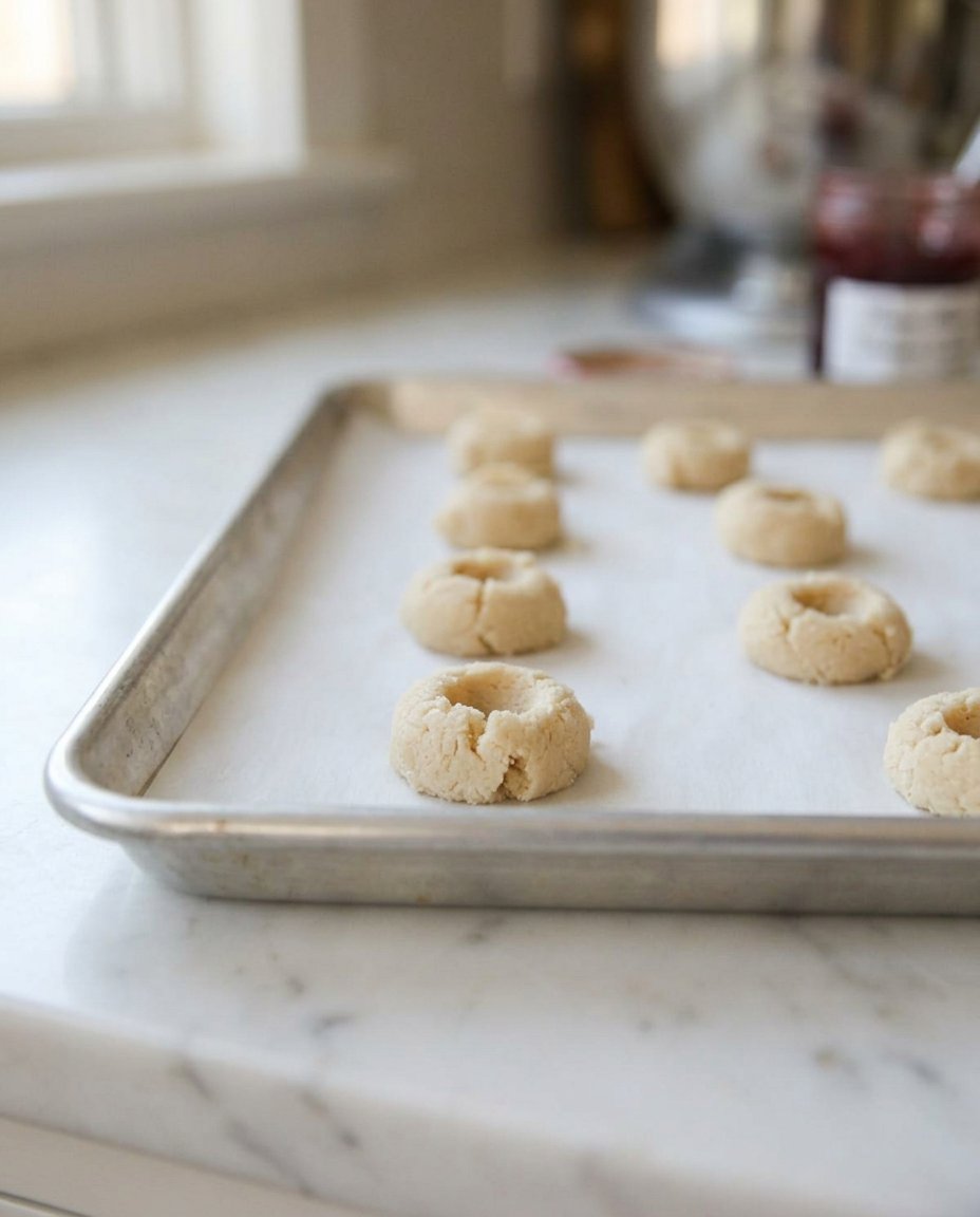 Ingredients for raspberry thumbprint cookies including butter sugar flour and jam