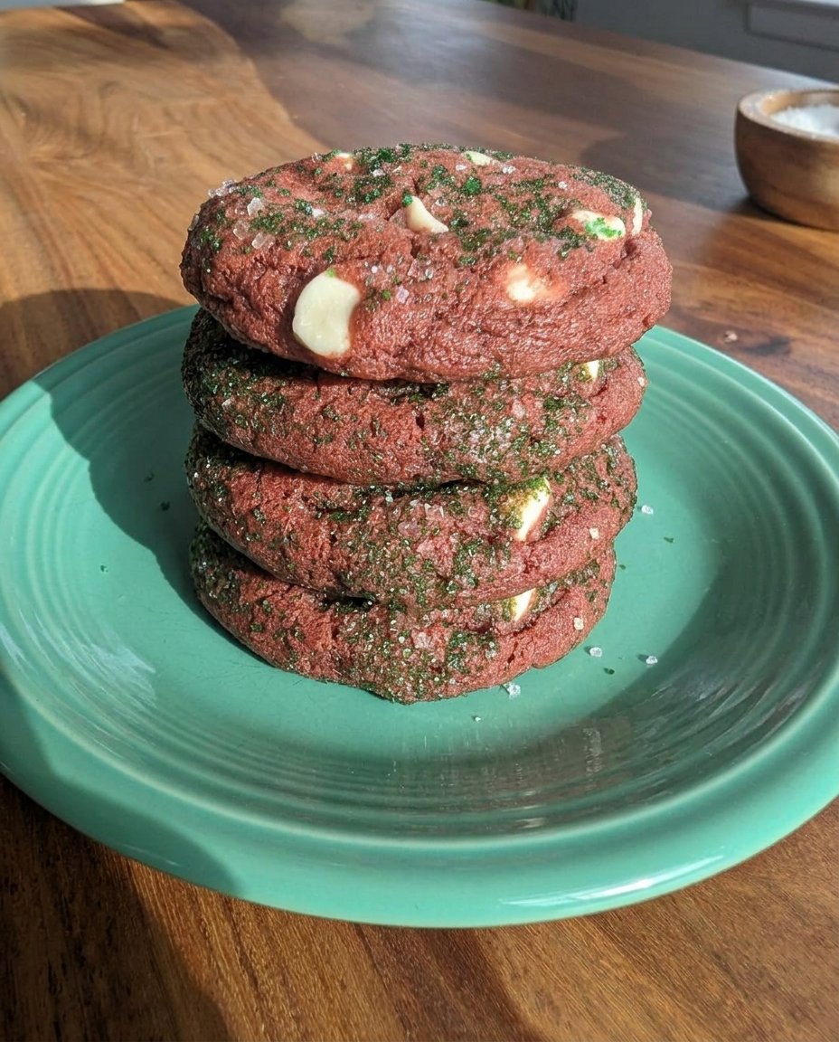 Vibrant Red Velvet Cookies 2 with white chocolate chips on a cooling rack
