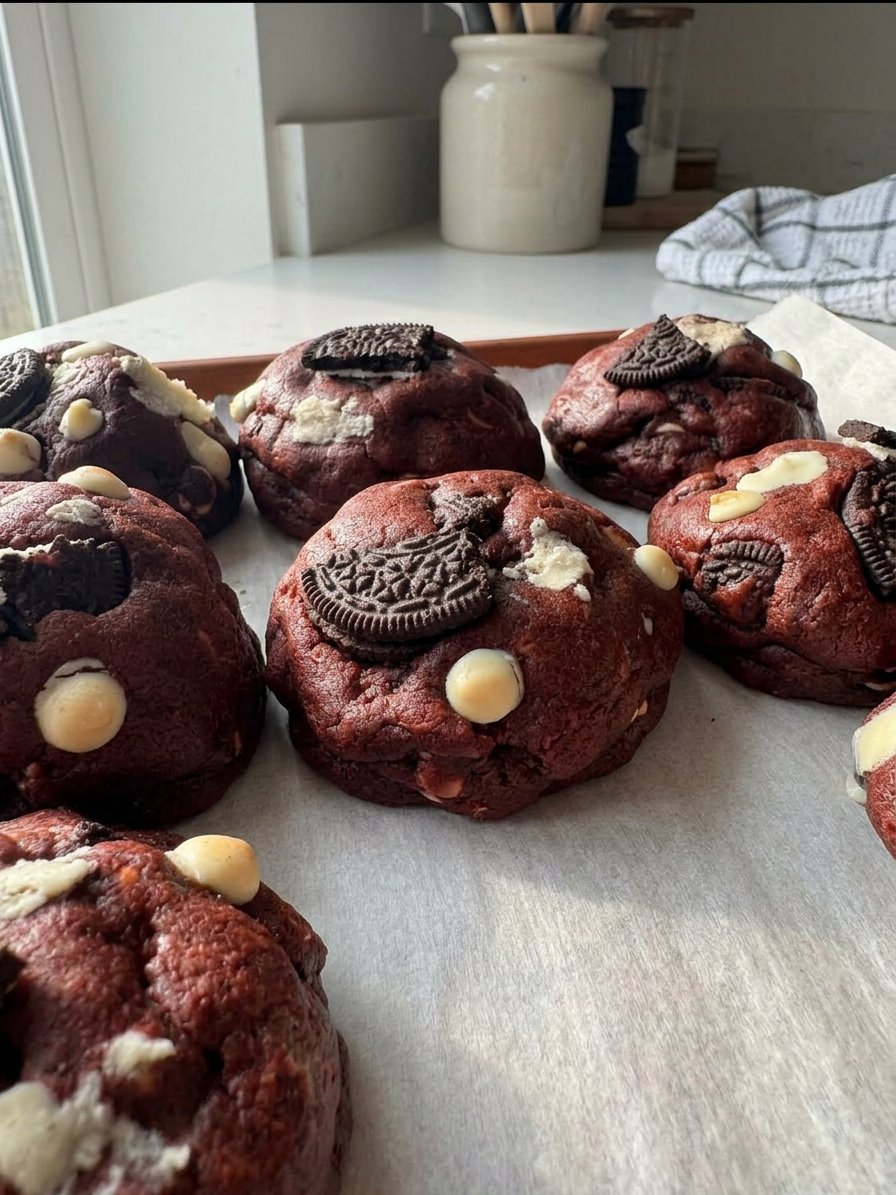 Ingredients for red velvet cookies including cocoa and flour