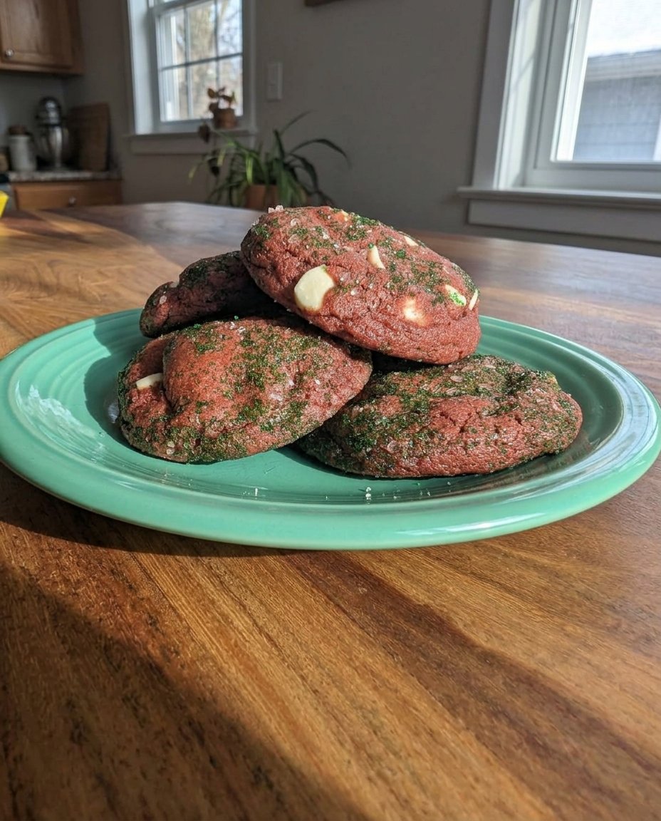 Stack of red velvet cookies next to a glass of milk