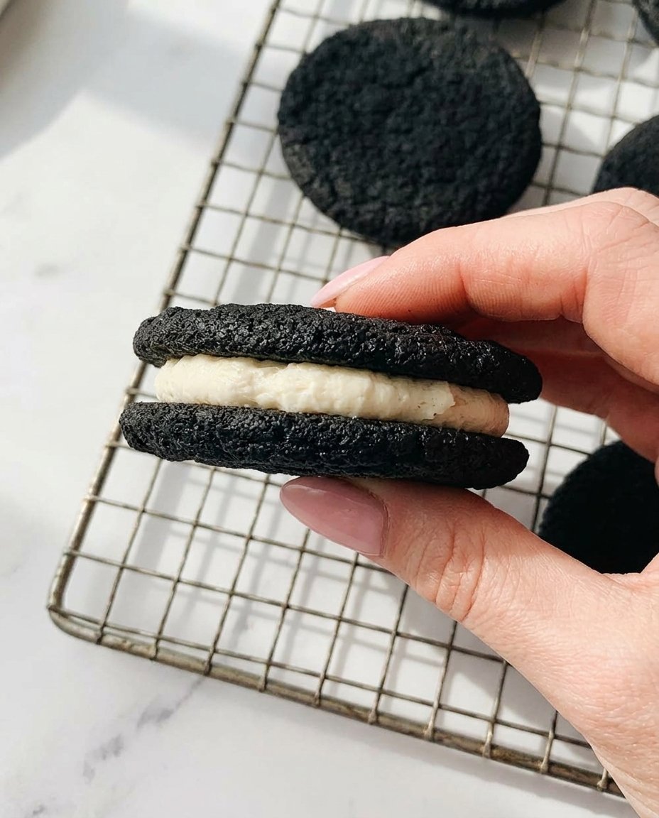 Hands flattening small balls of dark chocolate cookie dough