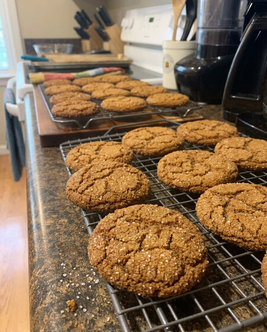 Hands rolling a ball of ginger cookie dough in a bowl of coarse sugar