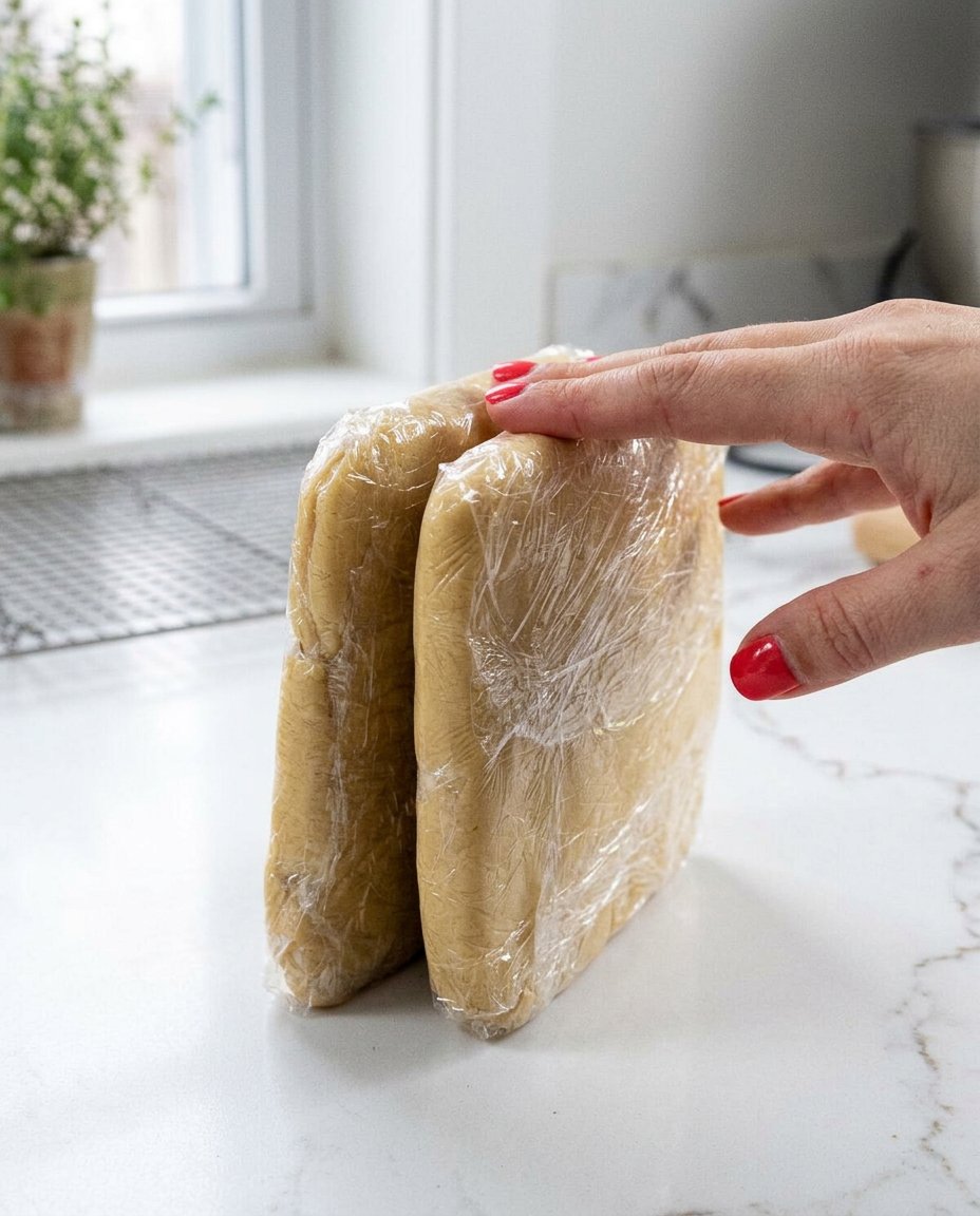 Hand rolling cookie dough between plastic wrap for precision