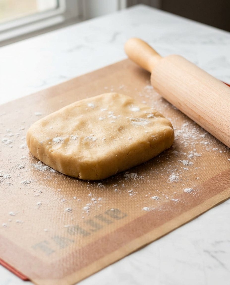 A baker rolling two layers of cookie dough into a tight log on parchment paper