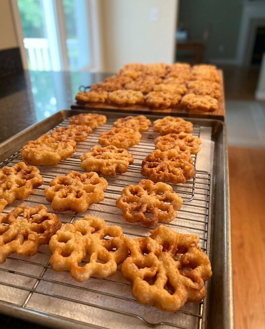 Golden brown rosette cookies resting on a wire cooling rack after frying