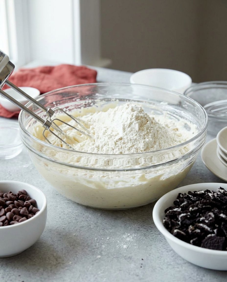 Bowls of flour, milk, eggs, and vanilla for making rosette cookies.