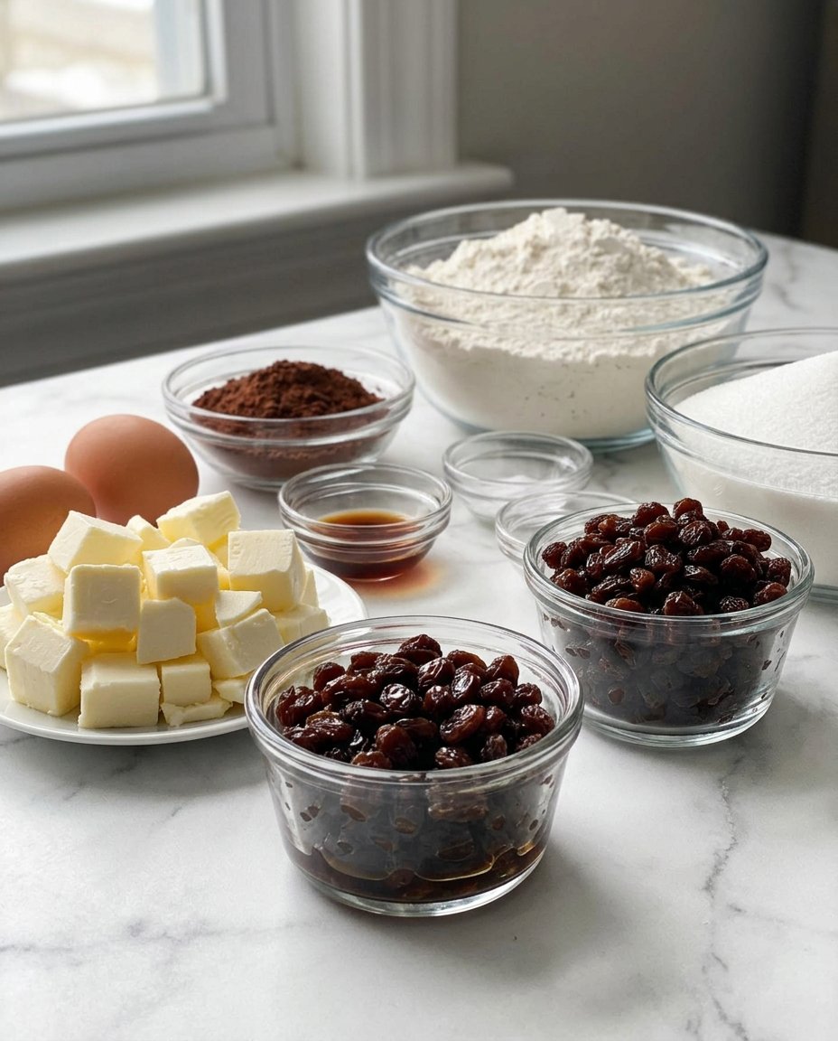Ingredients for rum raisin cookies including dark rum, raisins, molasses, and spices.