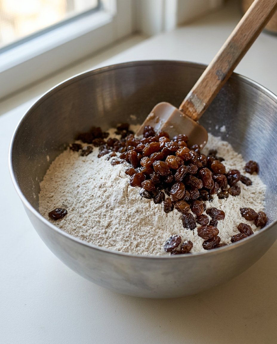 A bowl of dark raisins soaking in rum next to rolled oats and cinnamon sticks