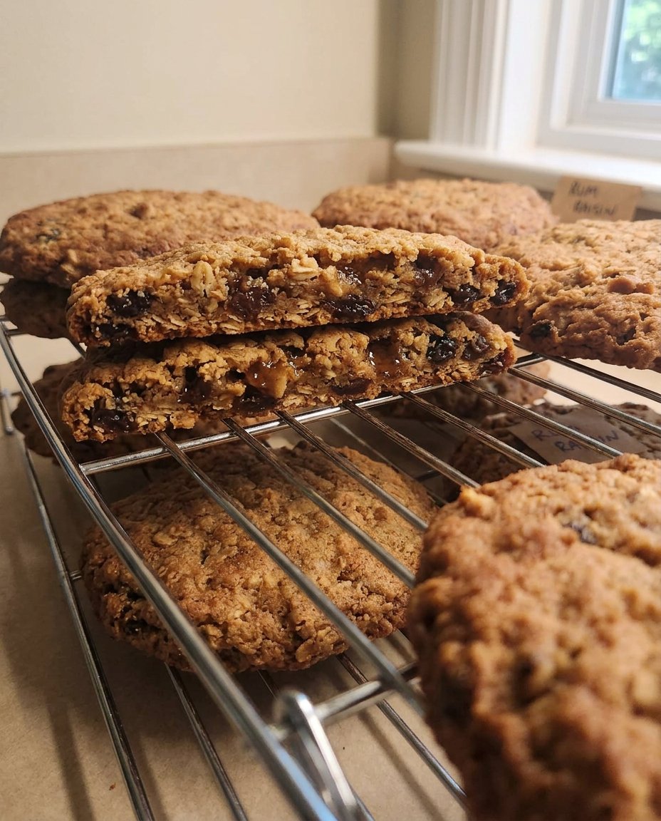 A stack of golden brown rum raisin cookies with visible oats and plump raisins