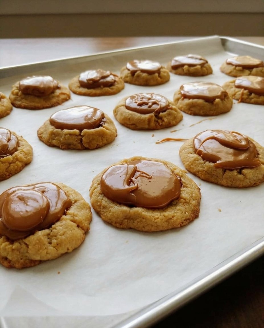 A wooden platter filled with finished caramel thumbprint cookies sprinkled with sea salt