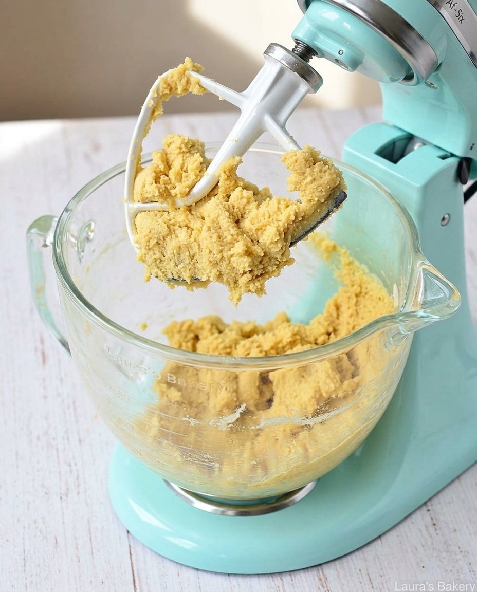 Raw ingredients for Sandkuchen cookies including flour, butter, sugar, and an egg yolk.