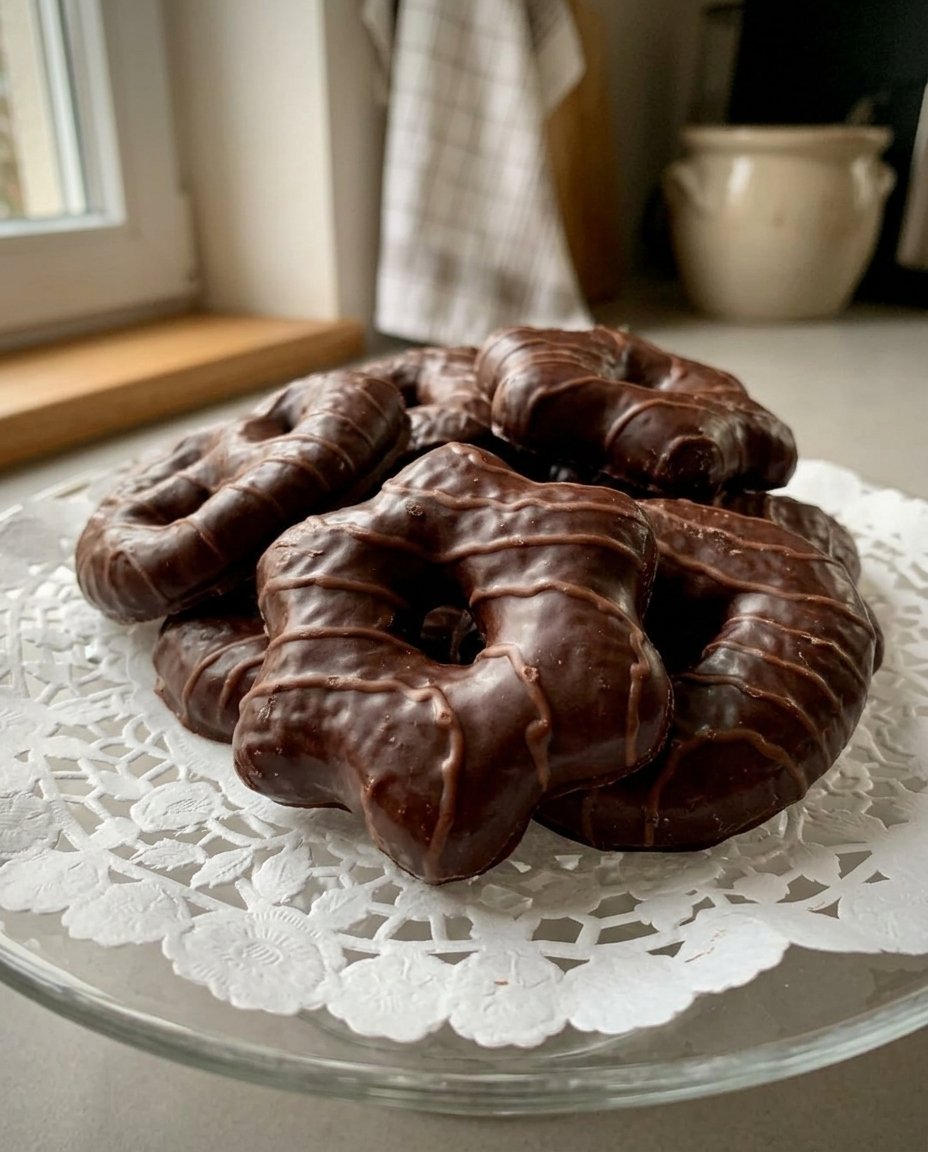 A stack of golden brown Sandkuchen cookies with fork marks on a wire rack.