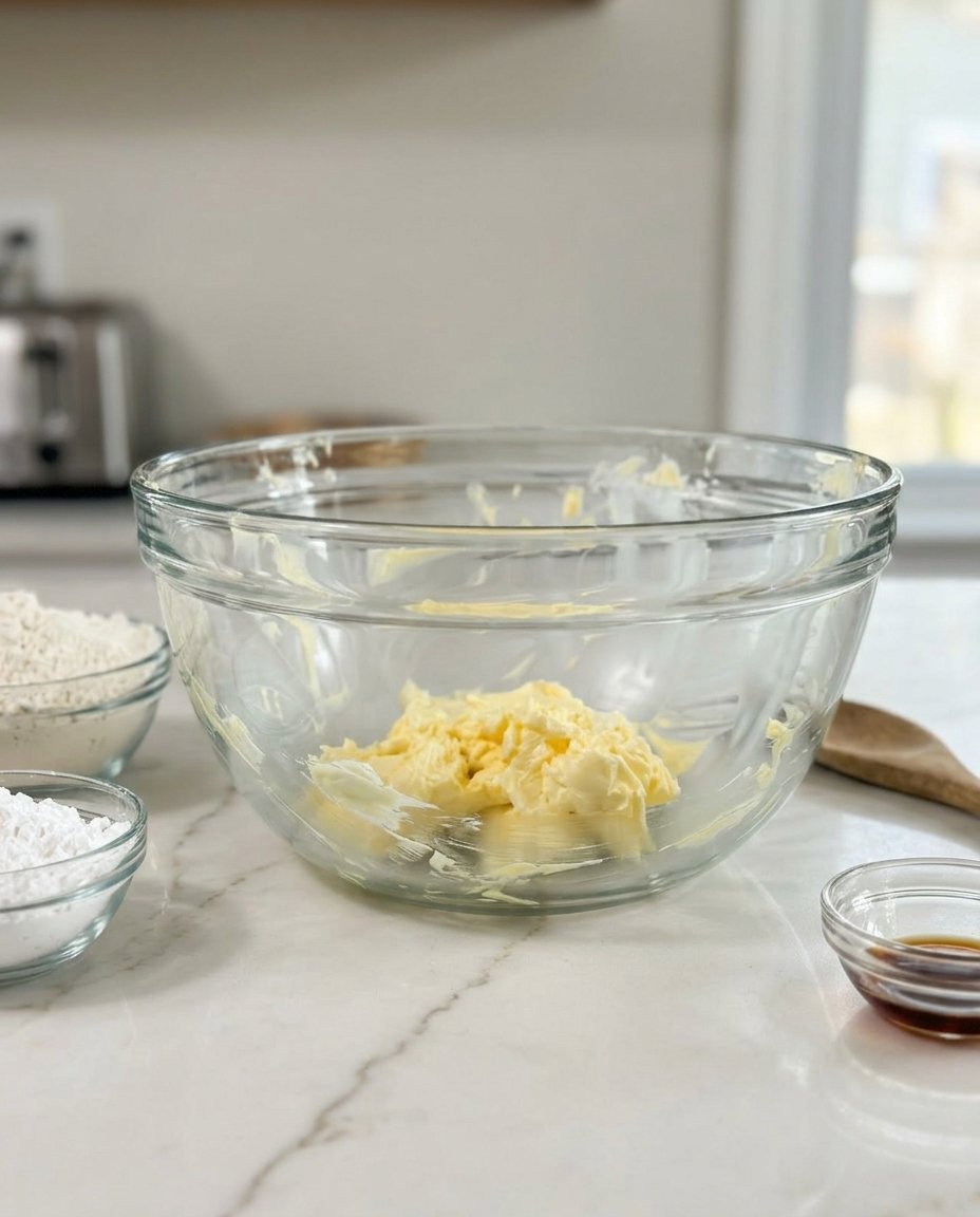 A ball of chilled cookie dough wrapped in plastic film next to a bowl of flour.