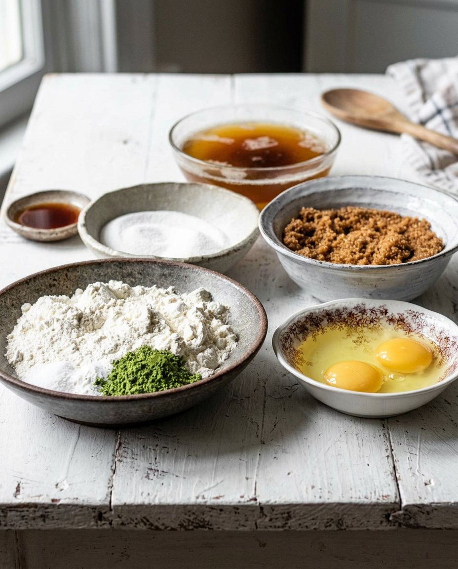 Measured ingredients for matcha cookies including green tea powder and white chocolate