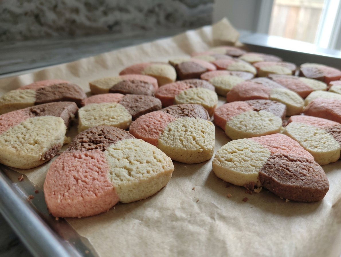 A stack of multi-colored polvorones cookies next to a cup of dark coffee.