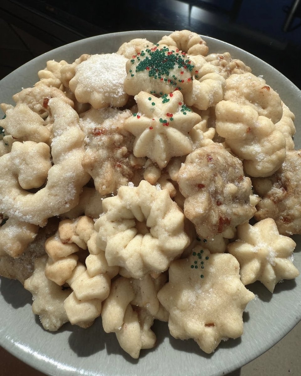 Almond spritz cookies served on a plate with a cup of tea