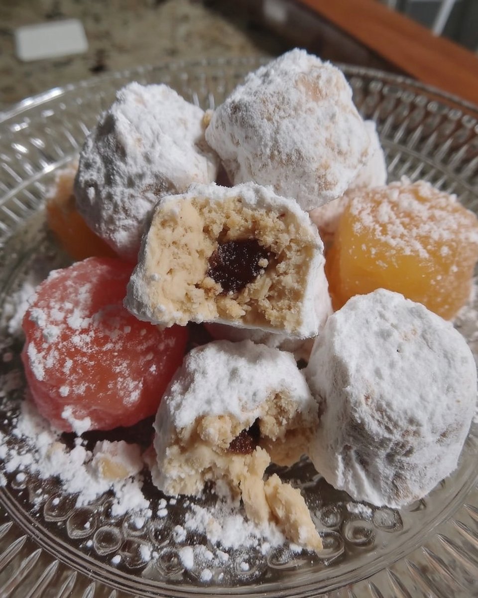 Amygdalota cookies served on a plate next to a cup of herbal tea.