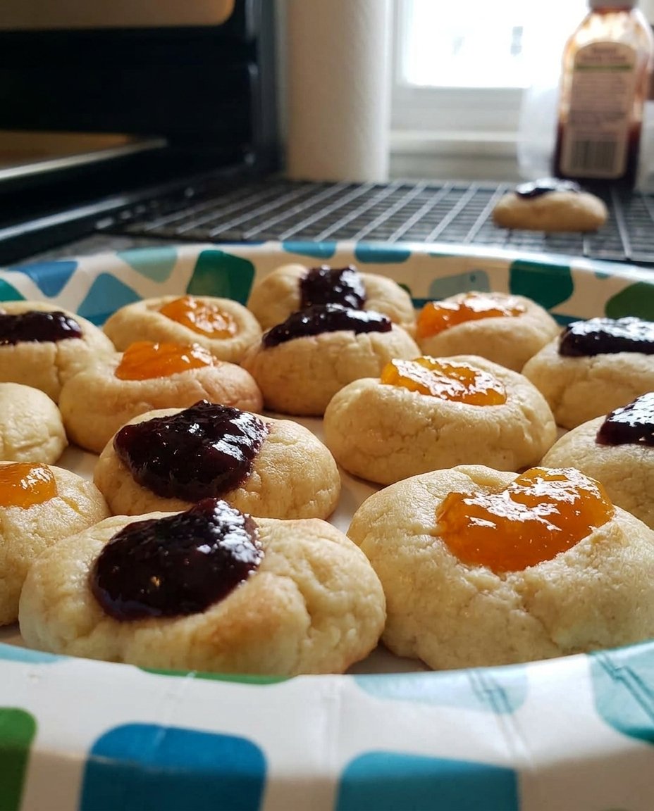 A platter of finished apricot thumbprint cookies ready to be served