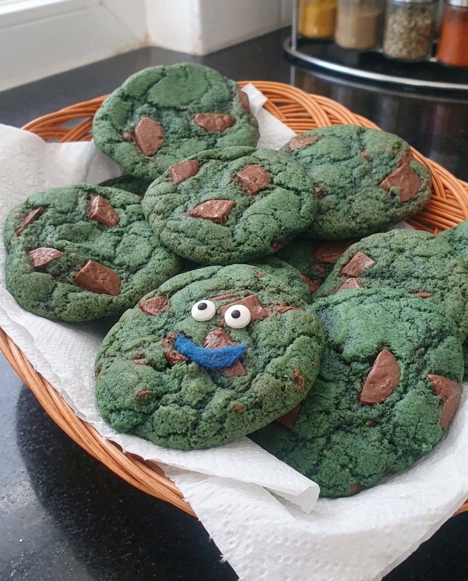 Blue character cookies served on a plate with a glass of cold milk