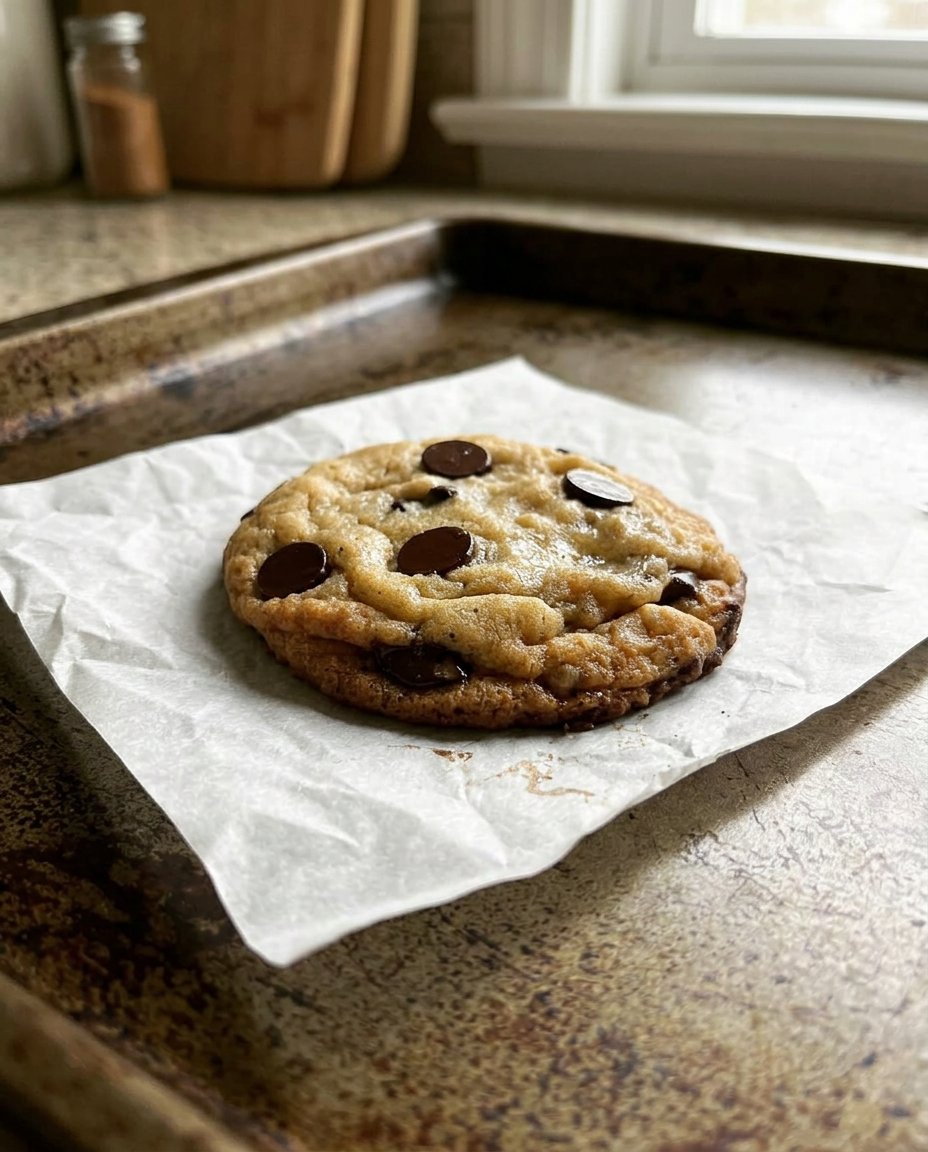 Two chocolate chunk cookies stacked next to a glass of cold milk