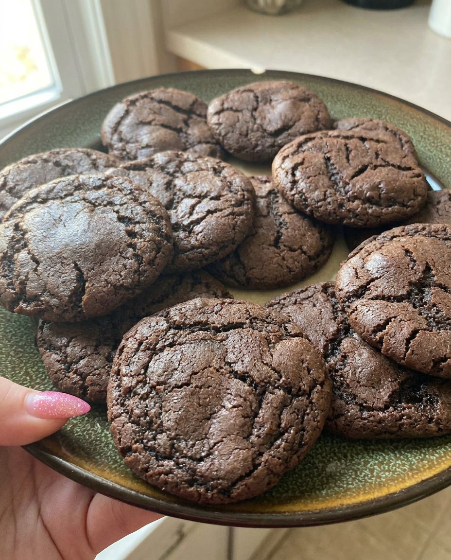 Chocolate cookies served on a white plate with a glass of milk and a linen napkin