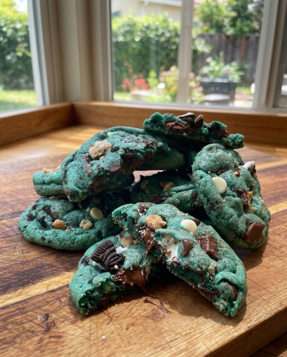 A stack of blue monster cookies next to a glass of milk