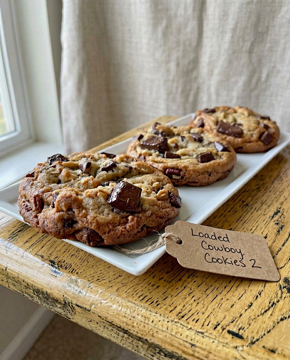 Stacked cowboy cookies with a glass of milk