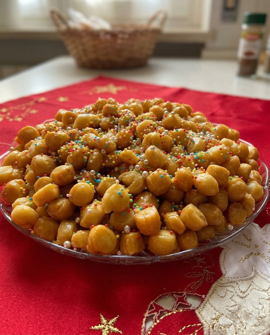 Struffoli stacked in a ring shape on a white serving plate
