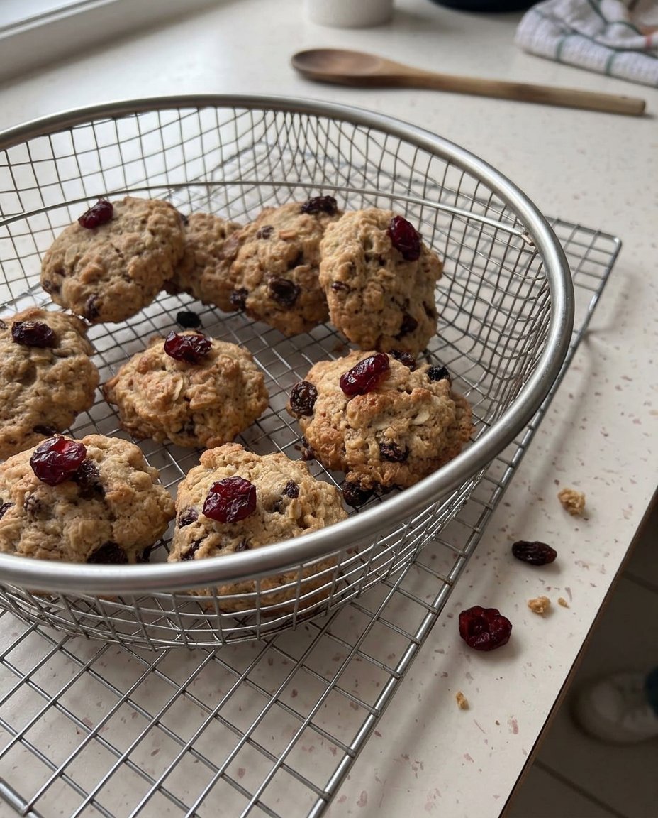 Plate of oatmeal raisin cranberry cookies with a glass of milk