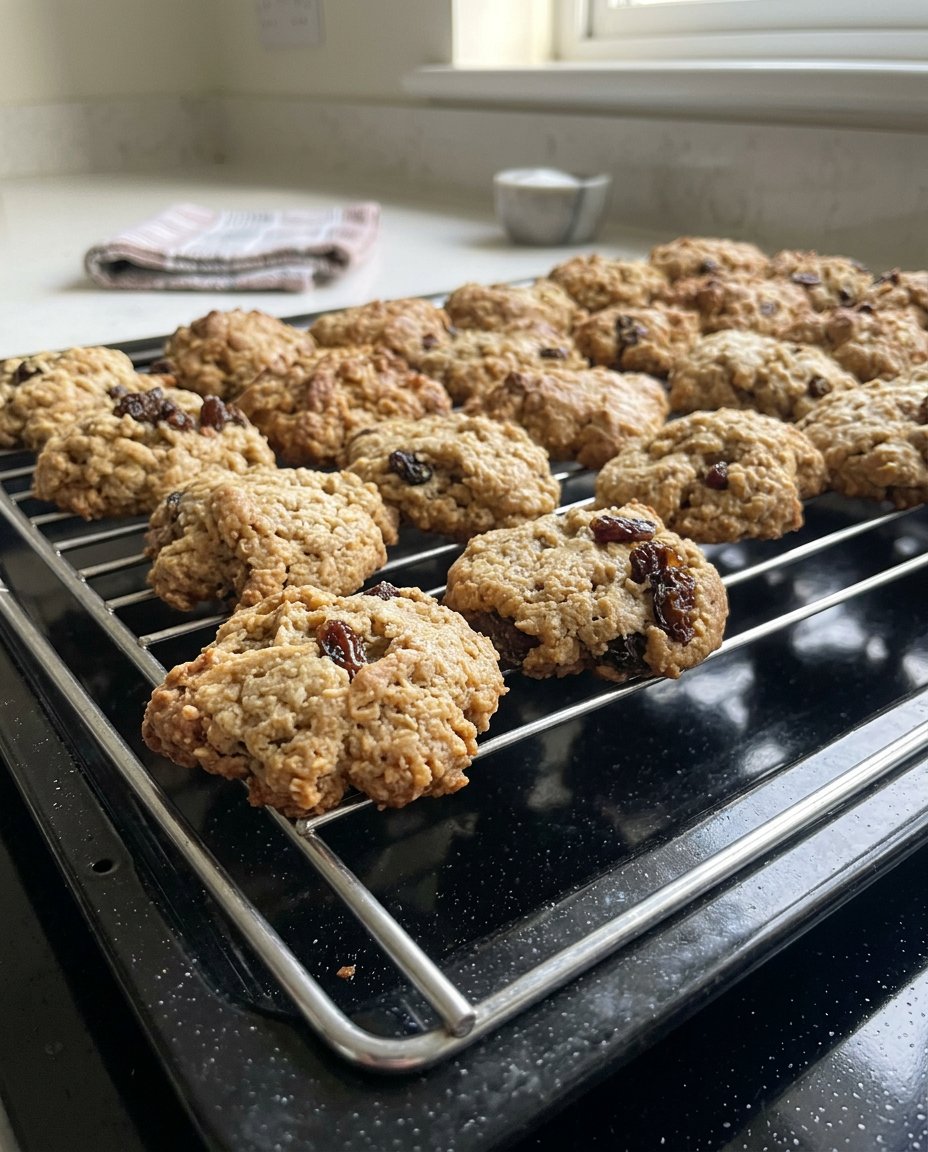 Two oatmeal raisin cookies leaning against a glass of cold milk.