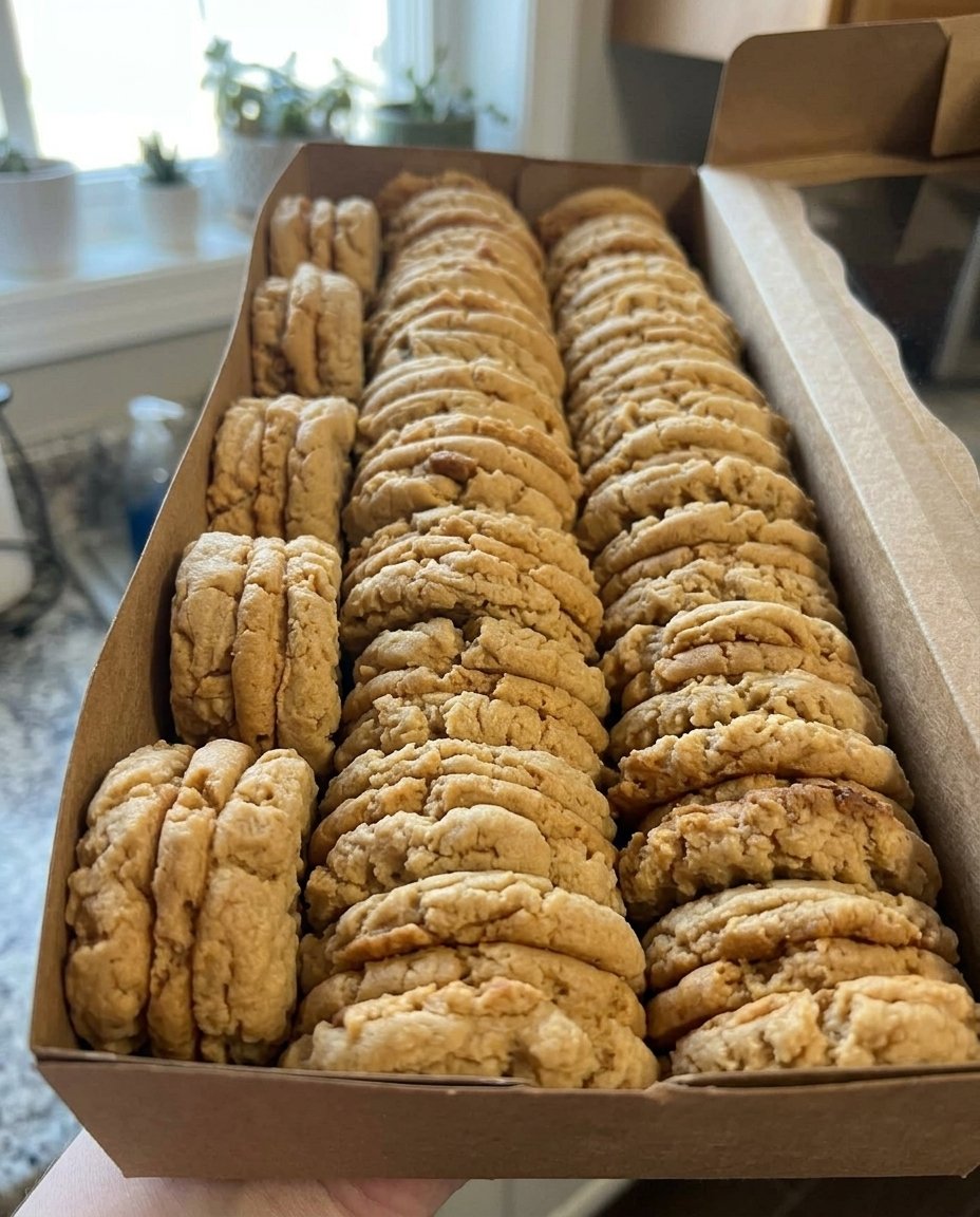 Stack of peanut butter sandwich cookies next to a glass of milk