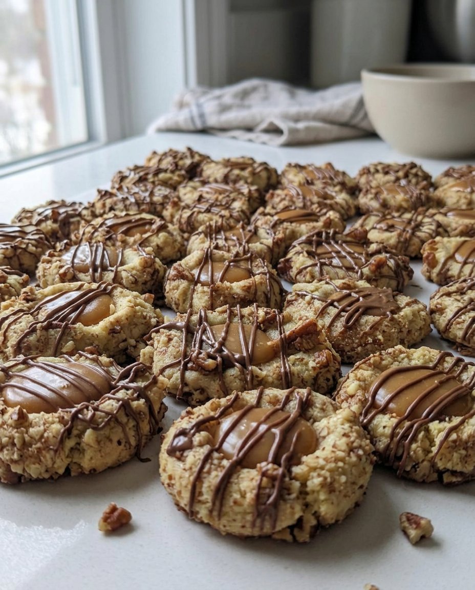 Pecan pie thumbprint cookies served on a white platter with coffee