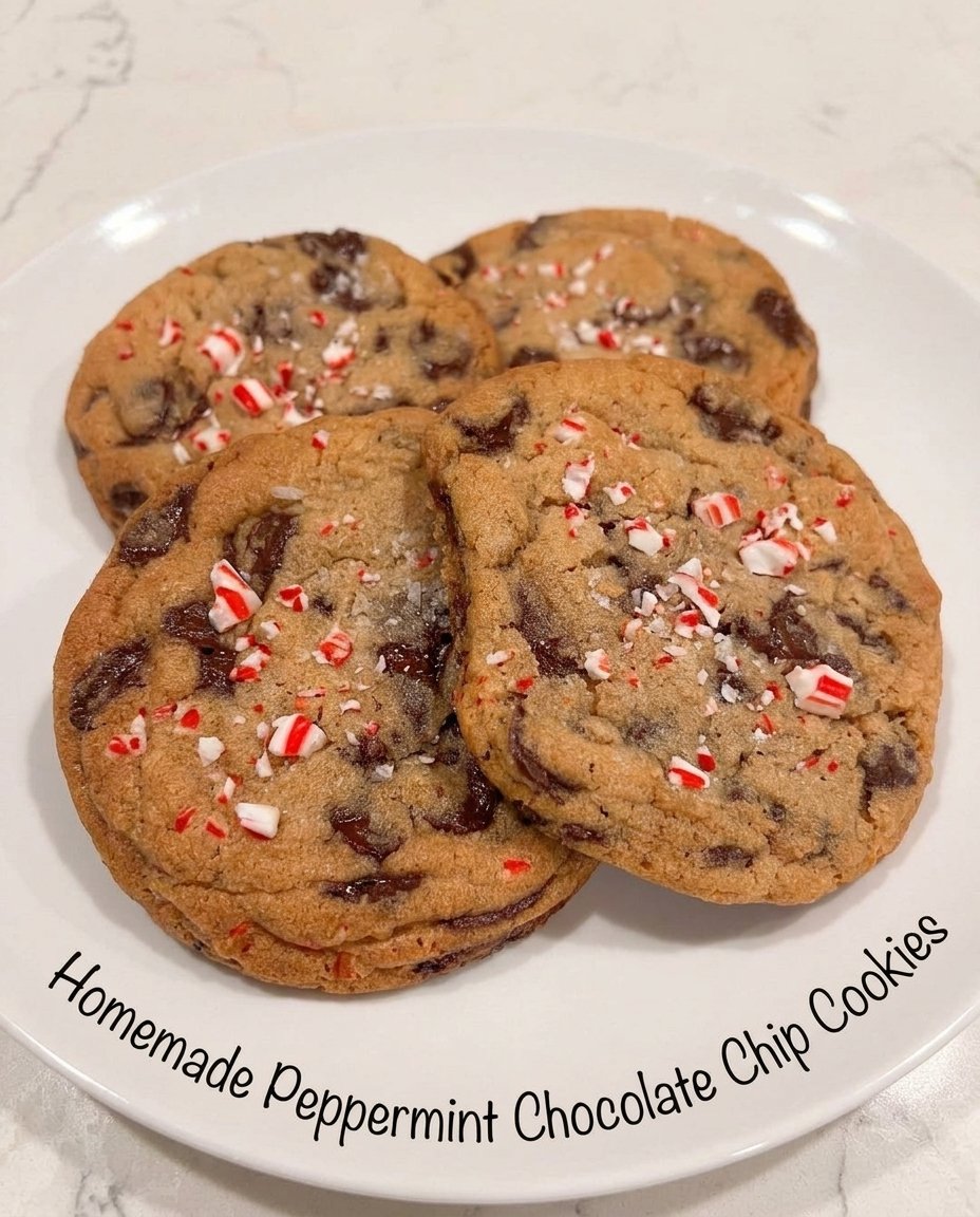 A stack of peppermint chocolate chip cookies next to a glass of milk
