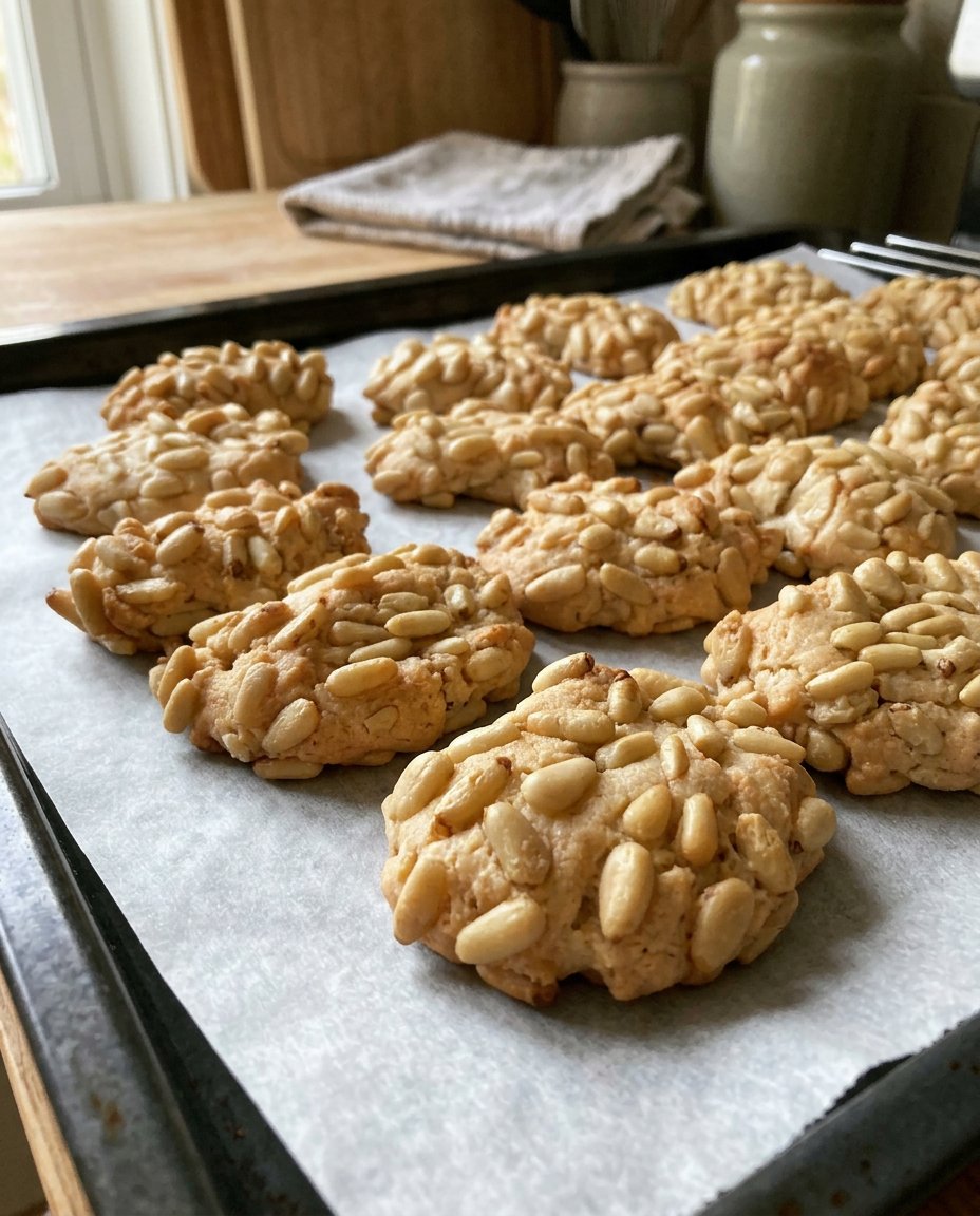 Pignoli cookies served next to a cup of Italian espresso