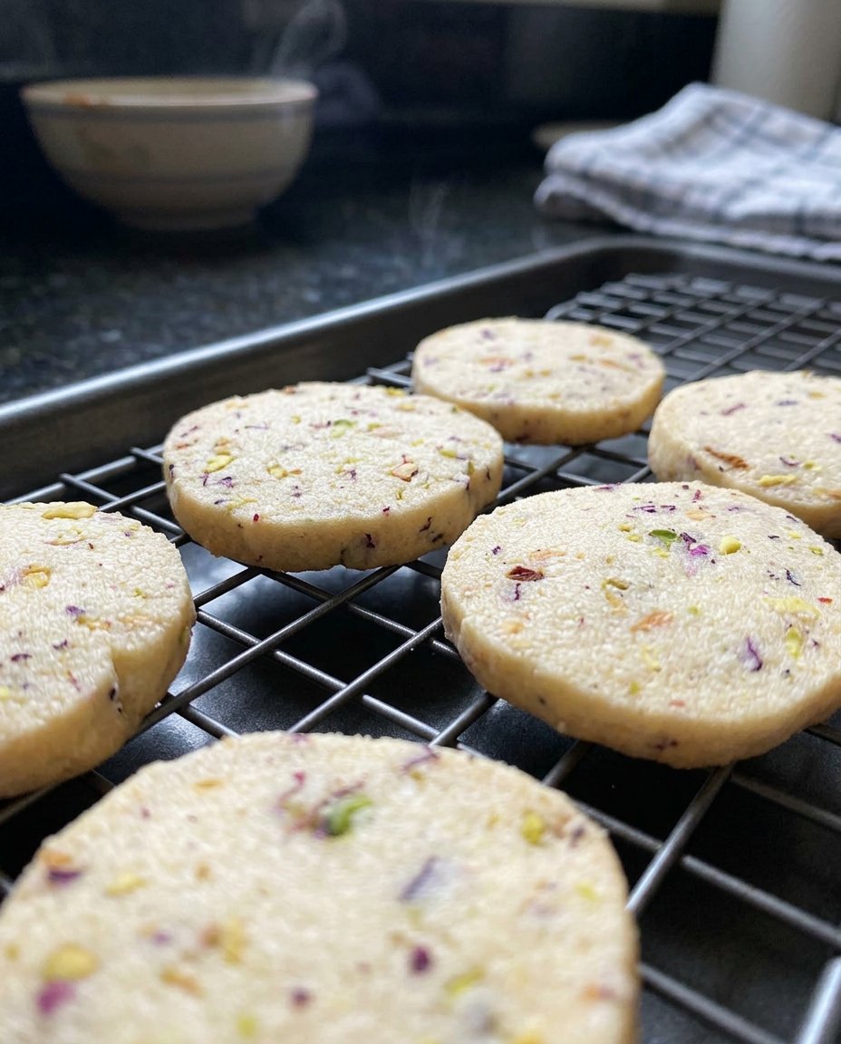 Pistachio shortbread served with a cup of hot tea