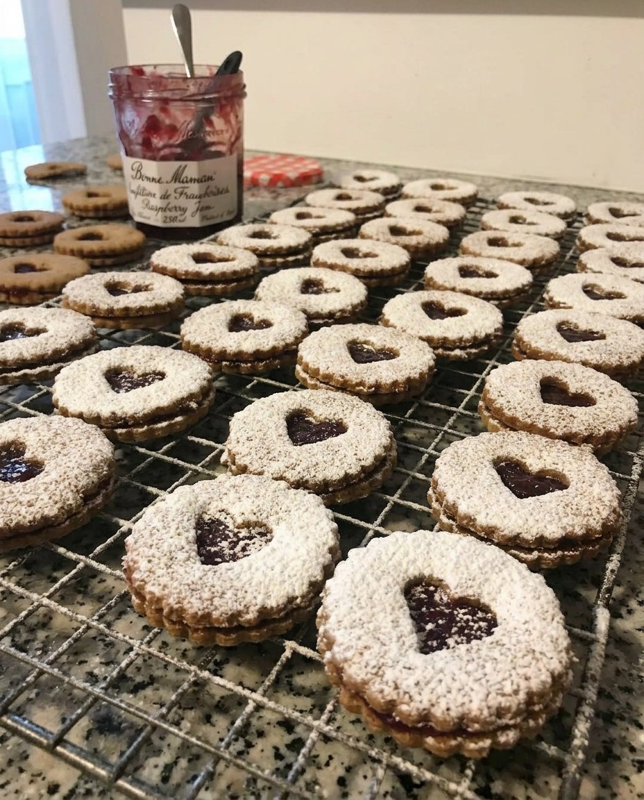Raspberry linzer cookies served on a platter with tea
