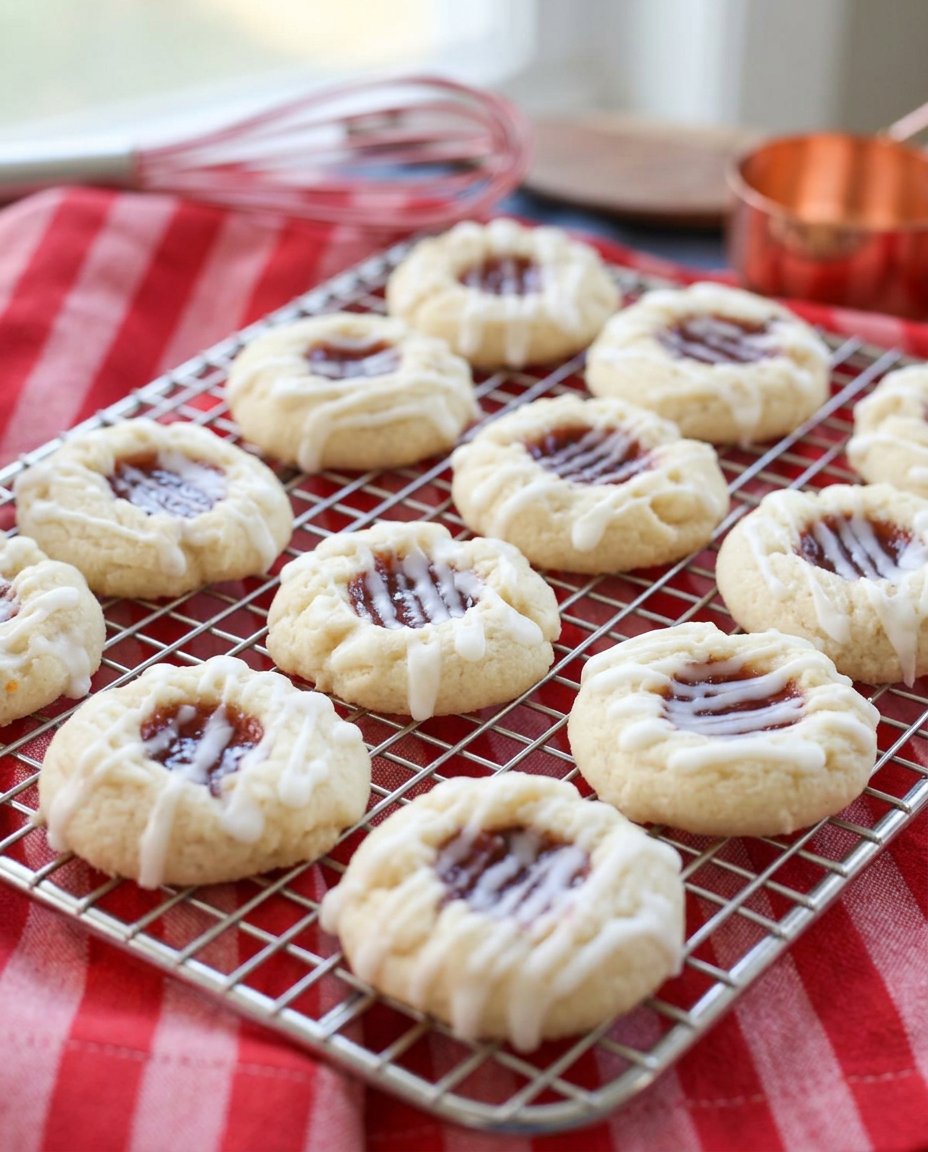 Raspberry thumbprint cookies served with a cup of coffee