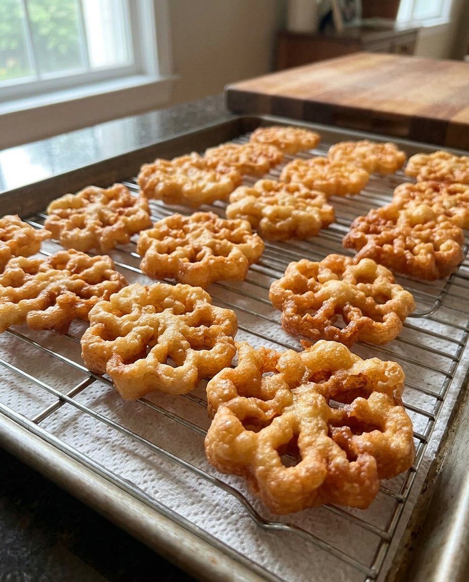 Platter of rosettes dusted with sugar served next to a cup of coffee
